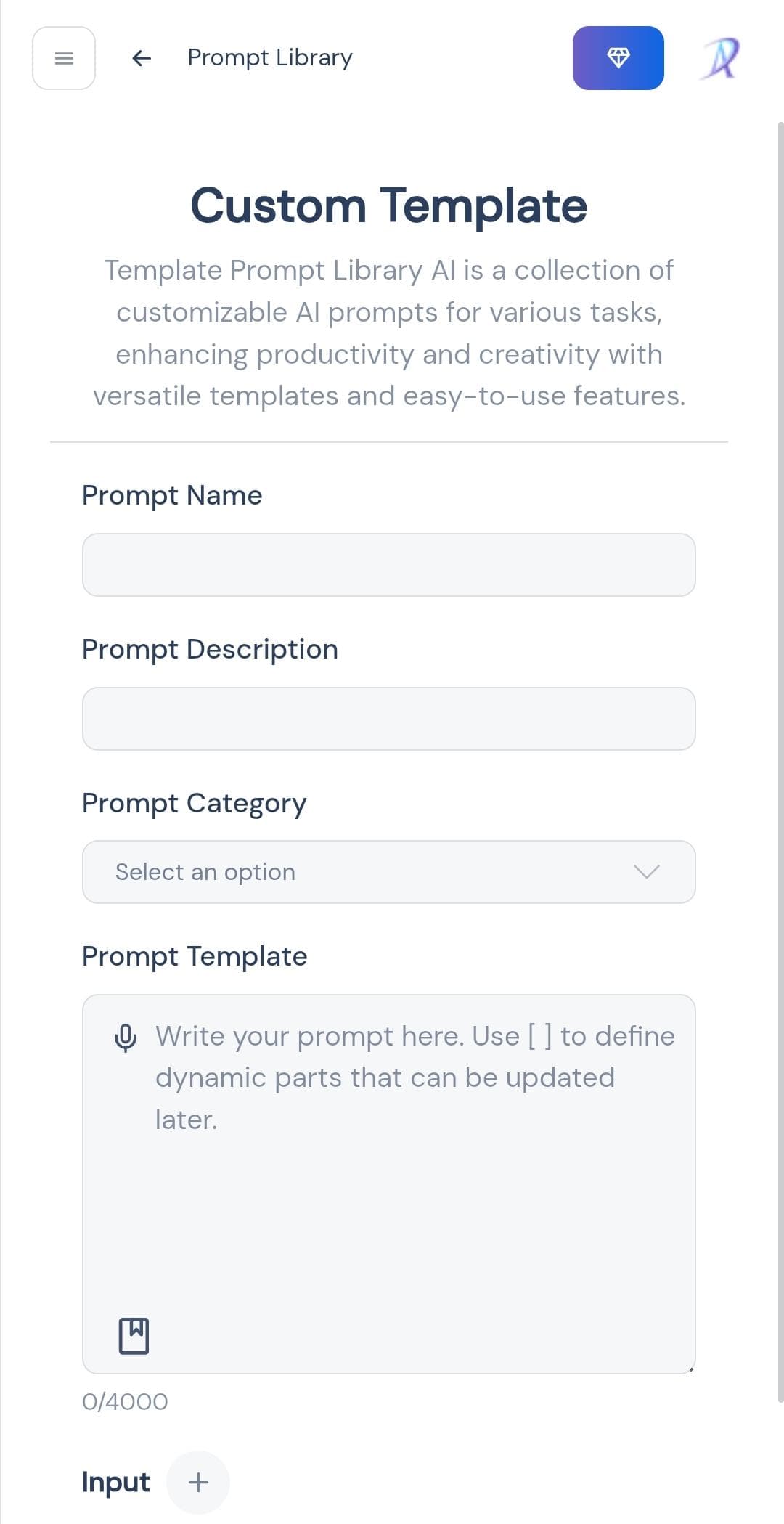 screenshot of mobile custom prompt library section